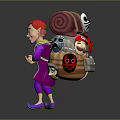 Red Haired Cartoon Character In Purple Outfit Carrying Rolled Blanket And Creature Mask