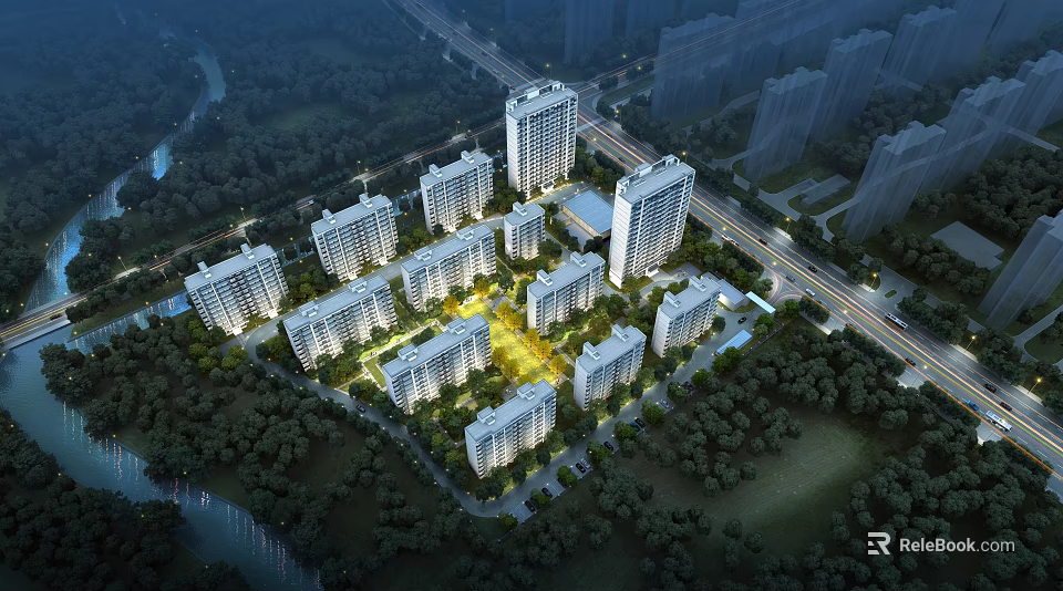 Aerial View Planning of Modern Residential Complex with High Rise Buildings Green Spaces And Roads 3d model 