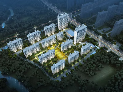 Aerial View Planning of Modern Residential Complex with High Rise Buildings Green Spaces And Roads 3d model