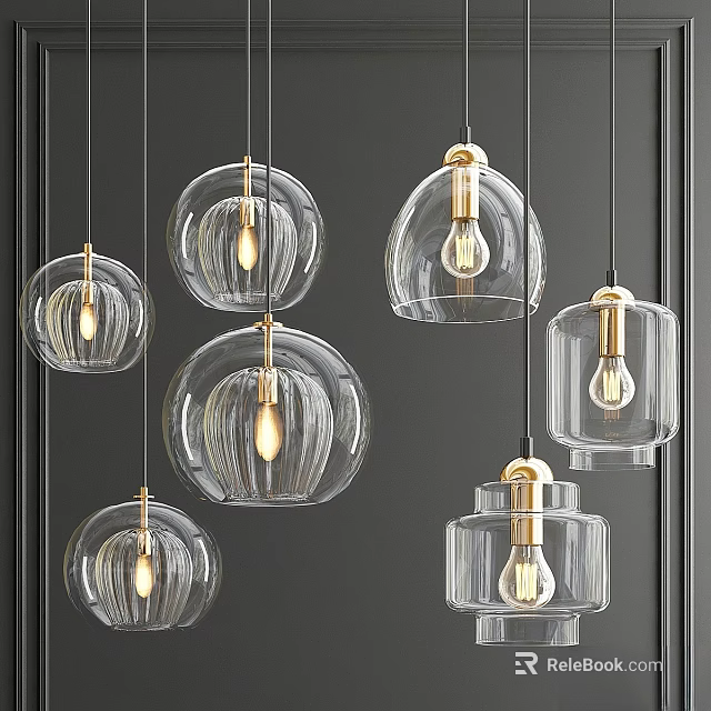 Modern Glass Chandeliers with Gold Metal Accents Exposed Bulbs Various Shapes Contemporary Design 3d model 