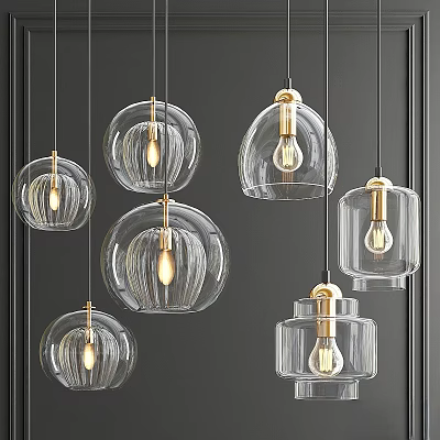Modern Glass Chandeliers with Gold Metal Accents Exposed Bulbs Various Shapes Contemporary Design 3d model