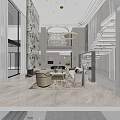 Elegant Modern Living Room Interior With High Ceiling Circular Chandeliers White Sofas And Staircase