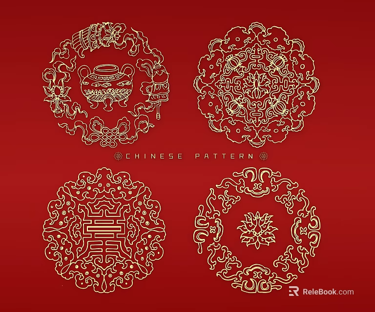 Traditional Chinese Circular Wall Decor with Golden Patterns on Red Background 3d model