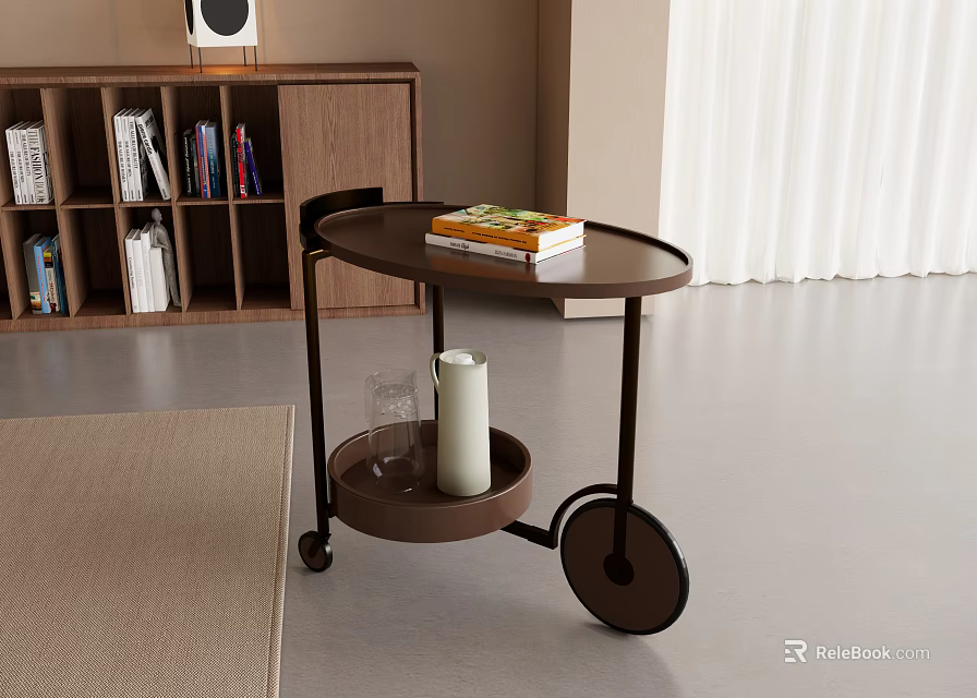 Modern Rolling Side Table With Two Tier Design Book Glass And Candle 3d model 