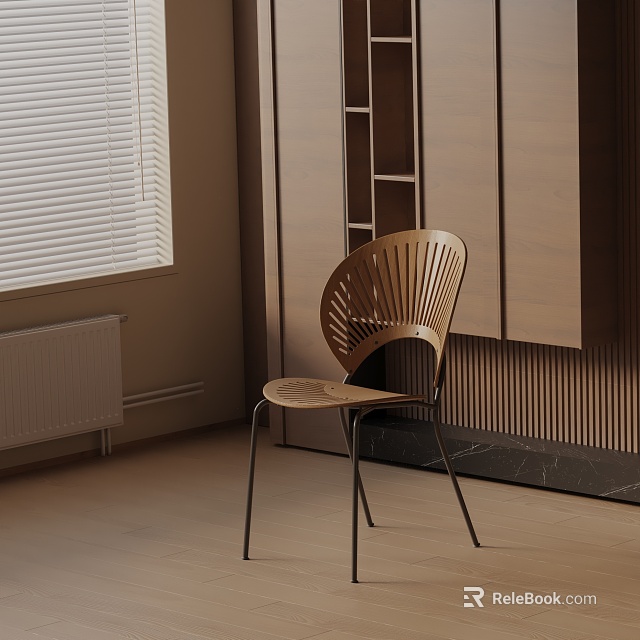 Modern Leisure Chair With Wooden Slatted Back And Metal Legs In Stylish Interior Space 3d model 