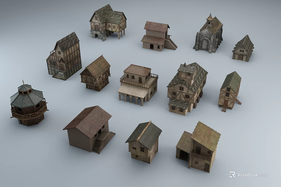 European Architecture Models Featuring Various Traditional Designs And Roof Styles 3d model 