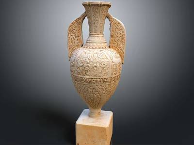 Intricate Handled Vase Shaped Stone Sculptural Carving With Square Base And Decorative Patterns 3d model