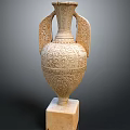 Intricate Handled Vase Shaped Stone Sculptural Carving With Square Base And Decorative Patterns