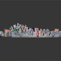 Cartoon City Scene With Colorful Buildings Green Trees And Blue Water Area