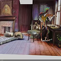 Colorful Clown Game Movie Character With Green Hair Playing Violin In Old Room