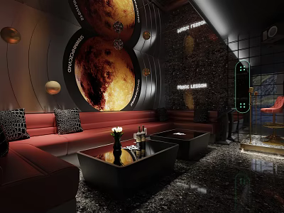 Modern KTV With Red Sofas Black Coffee Tables And Planet Patterned Walls Decor 3d model