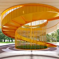 Bright Orange Spiral Staircase With Metal Frame And Wooden Ceiling In Modern Building