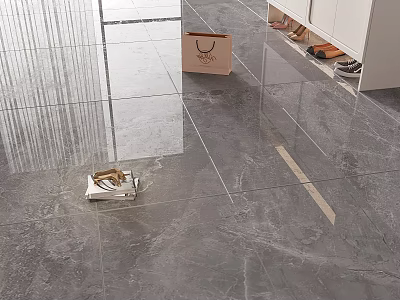 Modern Floor Tiles with Natural Stone Texture in Entrance Interior Featuring Shoes and Shopping Bag 3d model
