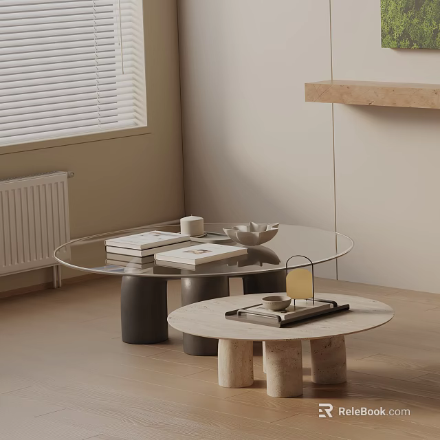 Modern Minimalist Coffee Table Set With Glass Top Black And Stone Bases 3d model 