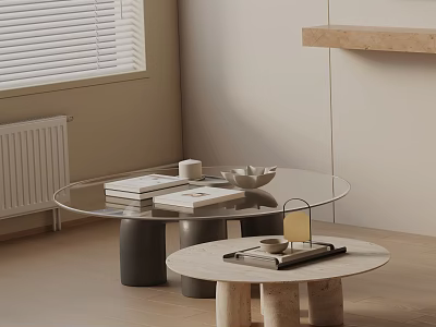 Modern Minimalist Coffee Table Set With Glass Top Black And Stone Bases 3d model