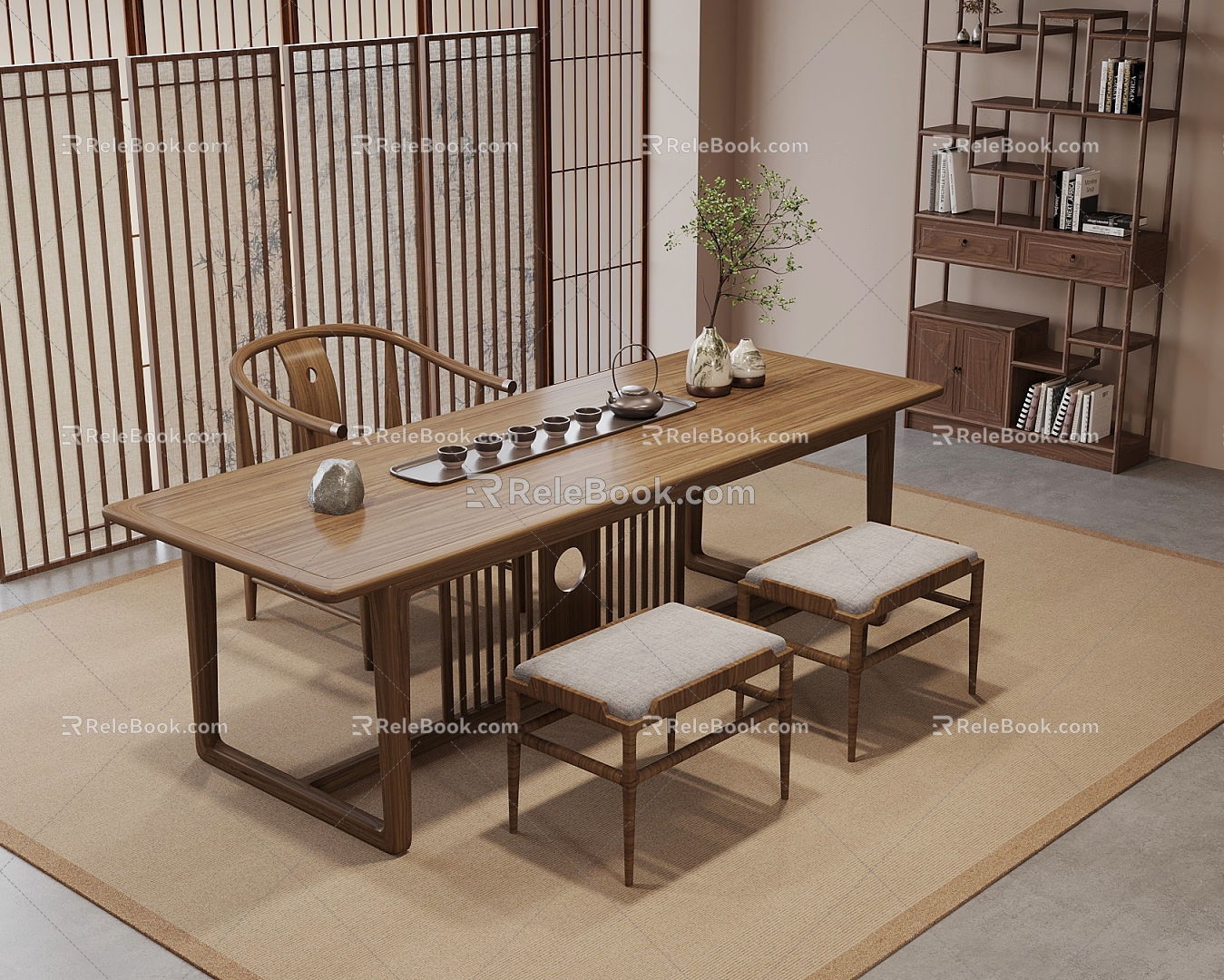 30 Tea Table and Chair New Chinese Tea Table and Chair Tea Set Antique Rack 3d model