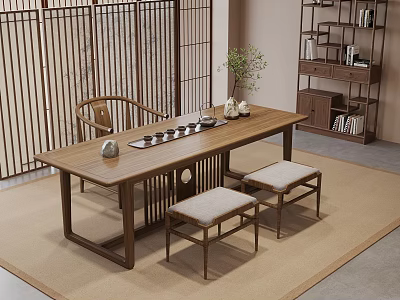 Traditional Chinese Tea Room Interior With Long Wooden Table And Padded Stools 3d model