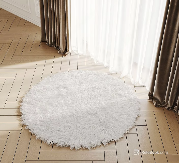 Fluffy White Round Rug on Light Wooden Floor for Cozy Room Decor 3d model 