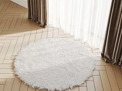 Fluffy White Round Rug on Light Wooden Floor for Cozy Room Decor 3d model