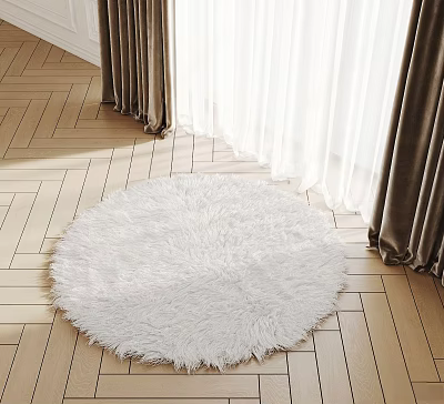 Fluffy White Round Rug on Light Wooden Floor for Cozy Room Decor 3d model