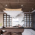 Elegant Tea House Interior With Wooden Ceiling Hanging Lights Display Shelves And Marble Countertop