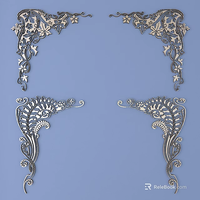 Intricate Decorative Corner Carvings With Floral Leaf Patterns On Blue Background 3d model 