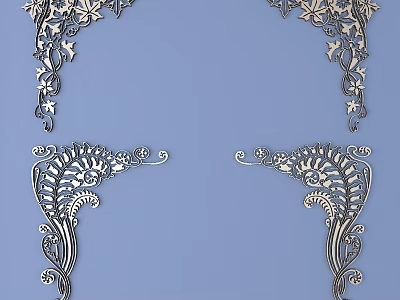 Intricate Decorative Corner Carvings With Floral Leaf Patterns On Blue Background 3d model