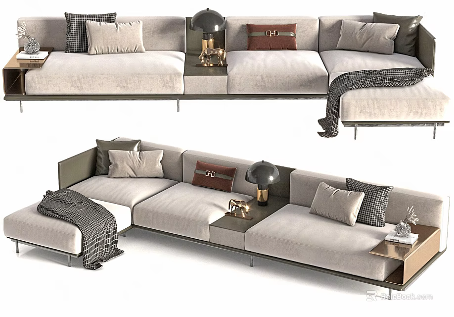 Modern Sectional Sofa With Plush Pillows Cozy Blanket And Side Table 3d model