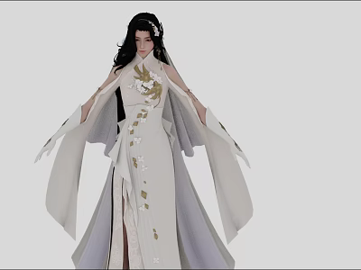 A Woman In Traditional White Robe With Golden Patterns And Flowing Sleeves 3d model