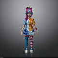 Colorful Character Model With Cat Ear Headband Mixed Color Shirt Blue Skirt And Striped Socks