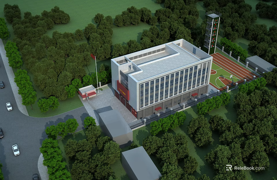 Modern Fire Station Building With Red Flag Green Trees Track Field And Lush Vegetation Road 3d model 
