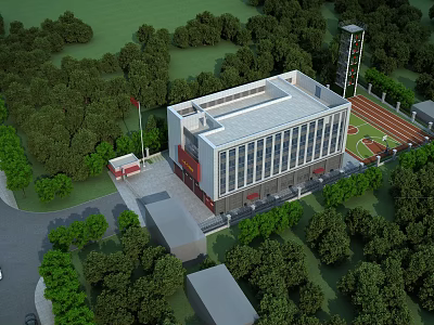 Modern Fire Station Building With Red Flag Green Trees Track Field And Lush Vegetation Road 3d model
