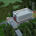 Modern Fire Station Building With Red Flag Green Trees Track Field And Lush Vegetation Road