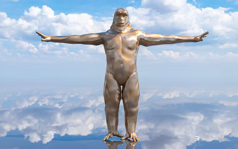 Golden Ape Sculpture with Outstretched Arms Against Blue Sky and Water Reflection 3d model 