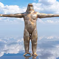 Golden Ape Sculpture with Outstretched Arms Against Blue Sky and Water Reflection