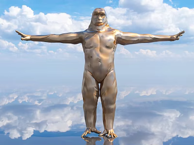 Golden Ape Sculpture with Outstretched Arms Against Blue Sky and Water Reflection 3d model