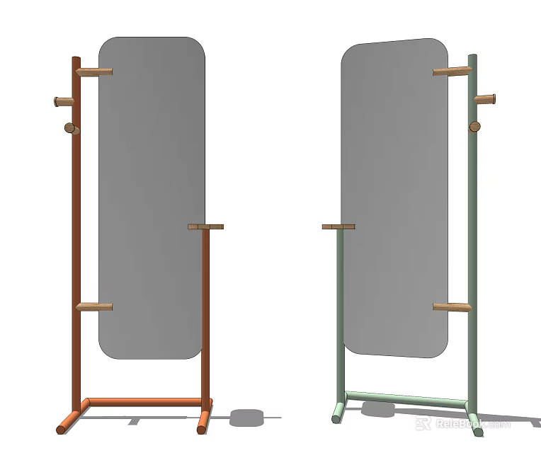Contemporary Floor Mirror With Wooden And Metal Stands And Support Bars 3d model 