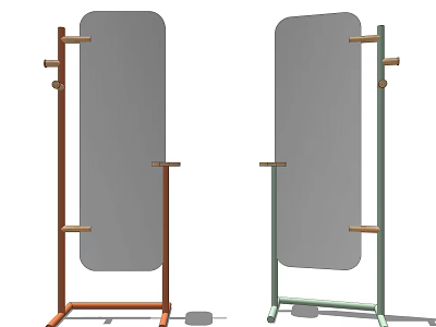 Contemporary Floor Mirror With Wooden And Metal Stands And Support Bars 3d model