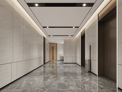 Modern Elevator Hallway With Light Gray Paneled Walls And Polished Marble Flooring 3d model