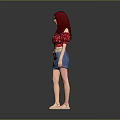 Woman with Long Red Hair in Off Shoulder Floral Top and Denim Skirt