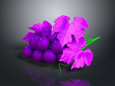 Fresh Purple Grapes With Shiny Water Droplets And Vibrant Leaves On Dark Background 3d model