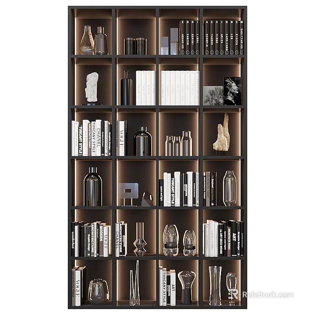 Modern Bookshelf Interior With Books Decorative Vases Sculptures And Framed Art 3d model 