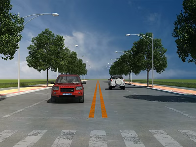 Road Infrastructure With Two Way Lane Yellow Double Solid Lines Street Lamps Trees Zebra Crossing 3d model