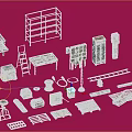 Industrial Workshop Equipment With Metal Shelves Workbench Ladder Wooden Crates And Cables