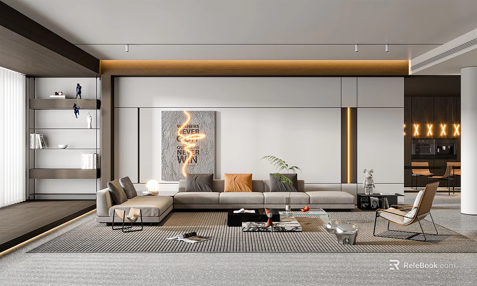 Modern Living Room Interior With L Shaped Sofa Decorative Painting Coffee Table And Green Plant 3d model 