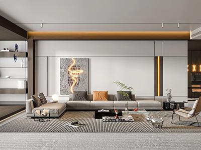 Modern Living Room Interior With L Shaped Sofa Decorative Painting Coffee Table And Green Plant 3d model