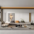 Modern Living Room Interior With L Shaped Sofa Decorative Painting Coffee Table And Green Plant