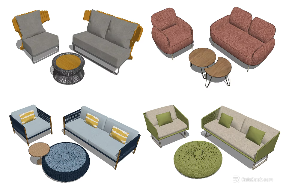 Contemporary Sofa and Coffee Table Combinations Featuring Different Colors Shapes And Cushion Designs 3d model