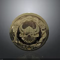 Weapon Themed Circular Golden Emblem With Decorative Patterns And Crossed Helmet Design