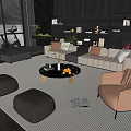 Modern Living Room Sofa And Coffee Table Set With Gray Ottomans Leather Armchair And Bookshelf